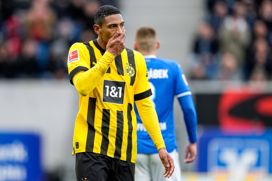 Sebastien Haller BVB, 9, Spieler von Borussia Dortmund BVB 09, Einzelbild, Einzelfoto, Aktion, Action, enttäuscht schauend, Enttäuschung, Frustration, disappointed, pessimistisch, 25.02.2023, Sinsheim ...