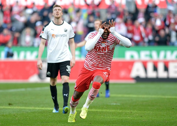 Koeln, Germany 23.02.2019, 2. Bundesliga, 23. Spieltag, 1. FC Koeln - SV Sandhausen, Anthony Modeste (KOE) jubelt, Torjubel nach seinem Treffer zum 2:1 ( DeFodi521 *** Koeln Germany 23 02 2019 2 Bunde ...
