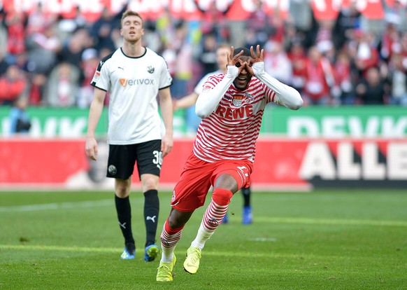 Koeln, Germany 23.02.2019, 2. Bundesliga, 23. Spieltag, 1. FC Koeln - SV Sandhausen, Anthony Modeste (KOE) jubelt, Torjubel nach seinem Treffer zum 2:1 ( DeFodi521 *** Koeln Germany 23 02 2019 2 Bunde ...