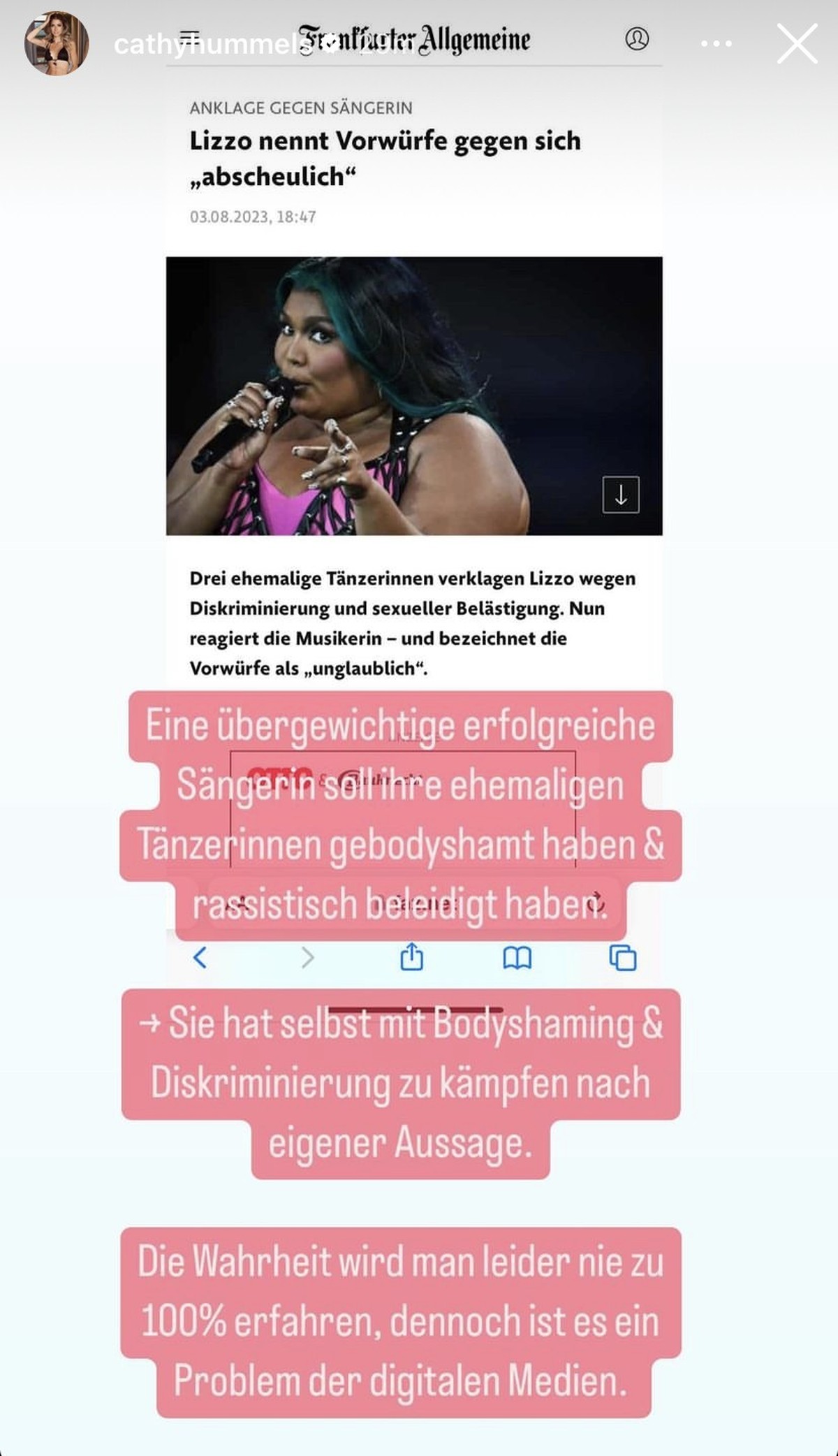 Cathy Hummels ging auf die Vorwürfe gegen Lizzo ein.