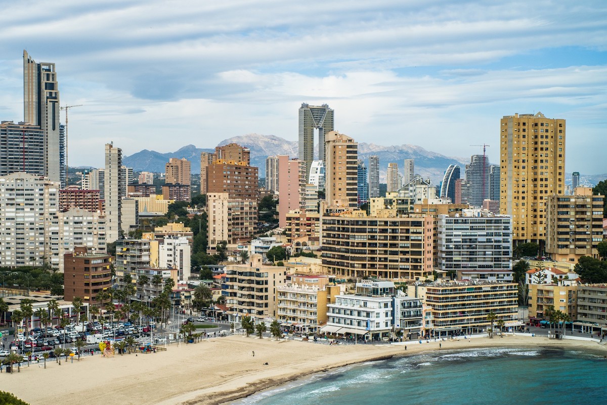 Benidorm tourist town. apartment buildings, hotels on La Cala de Finestrat. Panorama of the densely built-up city with mountains in the background xkwx aerial view, alicante, architecture, beach, beau ...