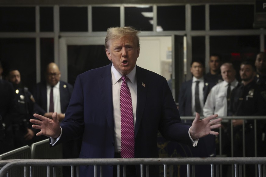 Former President Donald Trump arrives at Manhattan criminal court in New York, Friday, April 19, 2024.( Spencer Platt/Pool Photo via AP)