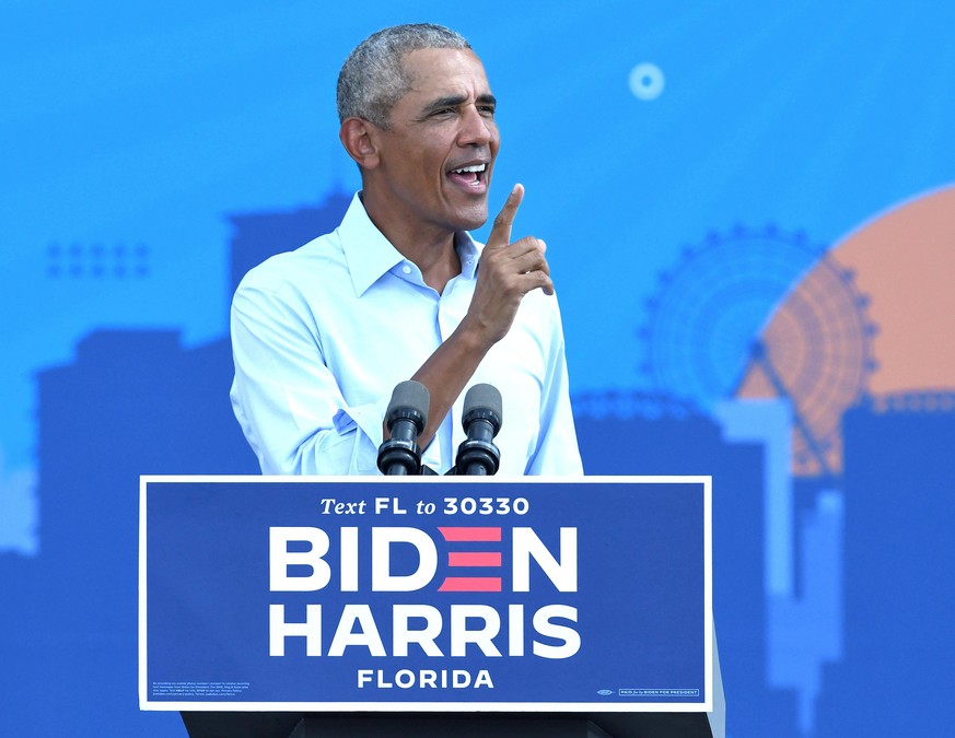 October 27, 2020, Orlando, Florida, United States: Barack Obama speaking during the rally..Former U.S. President Barack Obama attends to a drive-in rally to support the Democratic candidate Joe Biden  ...