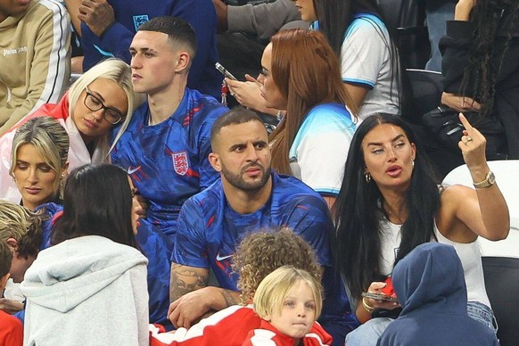 Mandatory Credit: Photo by Kieran McManus/Shutterstock 13655770gm Annie Kilner, wife of Kyle Walker, gestures as Rebecca Cooke, girlfriend of Phil Foden looks upset England v France, FIFA World Cup, W ...
