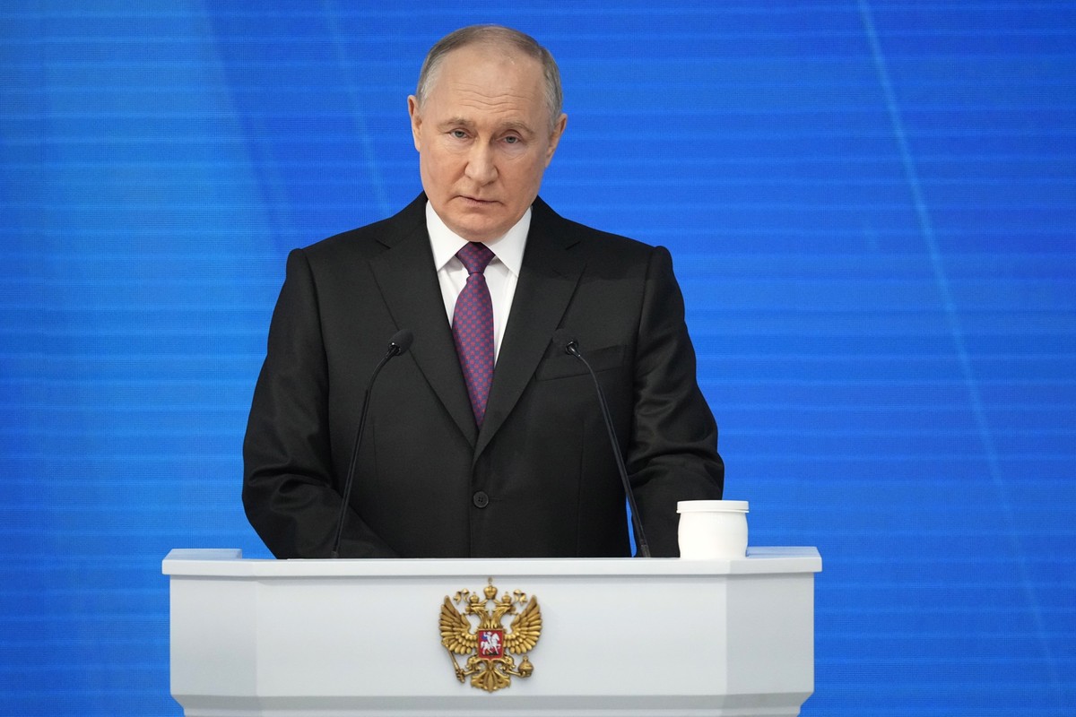 Russian President Vladimir Putin delivers his state-of-the-nation address in Moscow, Russia, Thursday, Feb. 29, 2024. (AP Photo/Alexander Zemlianichenko)