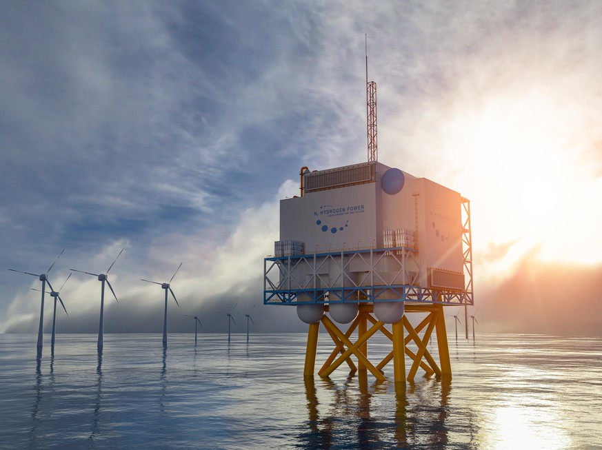 Hydrogen renewable offshore energy production - hydrogen gas for clean electricity solar and windturbine facility. 3d rendering.