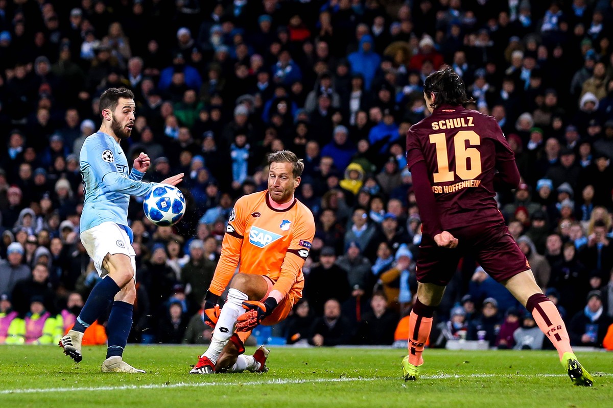 Mandatory Credit: Photo by Robbie Stephenson/JMP/Shutterstock 10031667bd Bernardo Silva of Manchester City has a shot saved by Oliver Baumann of Hoffenheim Manchester City v Hoffenheim, UK - 12 Dec 20 ...