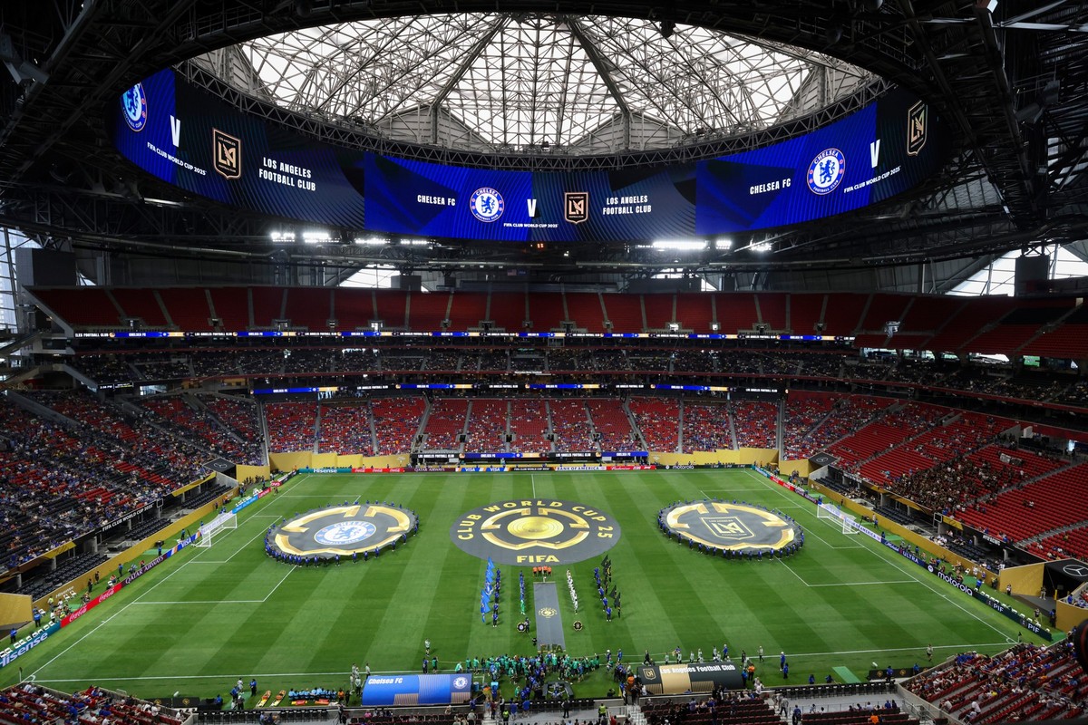 Chelsea and Los Angeles FC are introduced before their match in a Club World Cup Group D soccer match in Atlanta, Monday, June 16, 2025. (Jason Getz/Atlanta Journal-Constitution via AP)