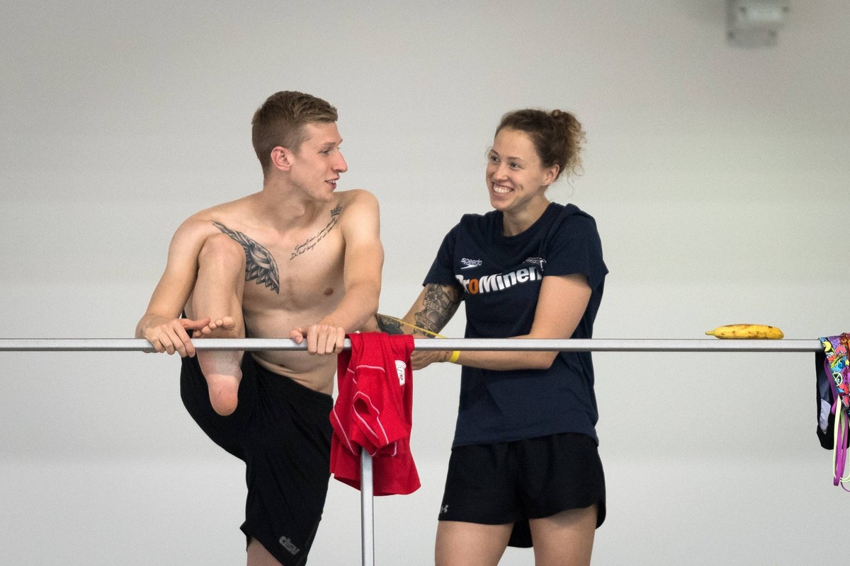 Schwimmen Berlin 02.08..2019 Deutsche Meisterschaften DM Finals2019 Florian Wellbrock und Sarah K�hler Freund Freundin Paar *** Swimming Berlin 02 08 2019 German Championships DM Finals2019 Florian We ...