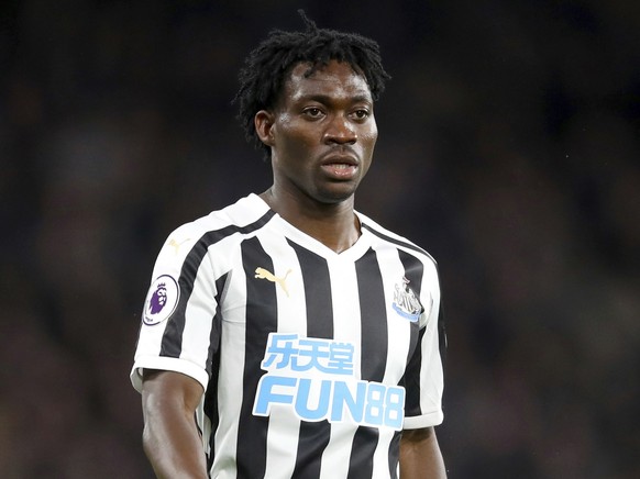 FILE - Christian Atsu looks on as he plays for Newcastle United, Jan. 12, 2019. Ghana international soccer player Christian Atsu is still missing after the earthquake in Turkey despite earlier reports ...