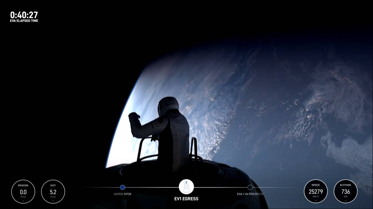 The crew of Polaris Dawn, including Mission Commander Jared Isaacman EV1, Mission Specialist Sarah Gillis EV2, Mission Pilot Kidd Poteet, and Mission Specialist and Medical Officer Anna Menon, complet ...
