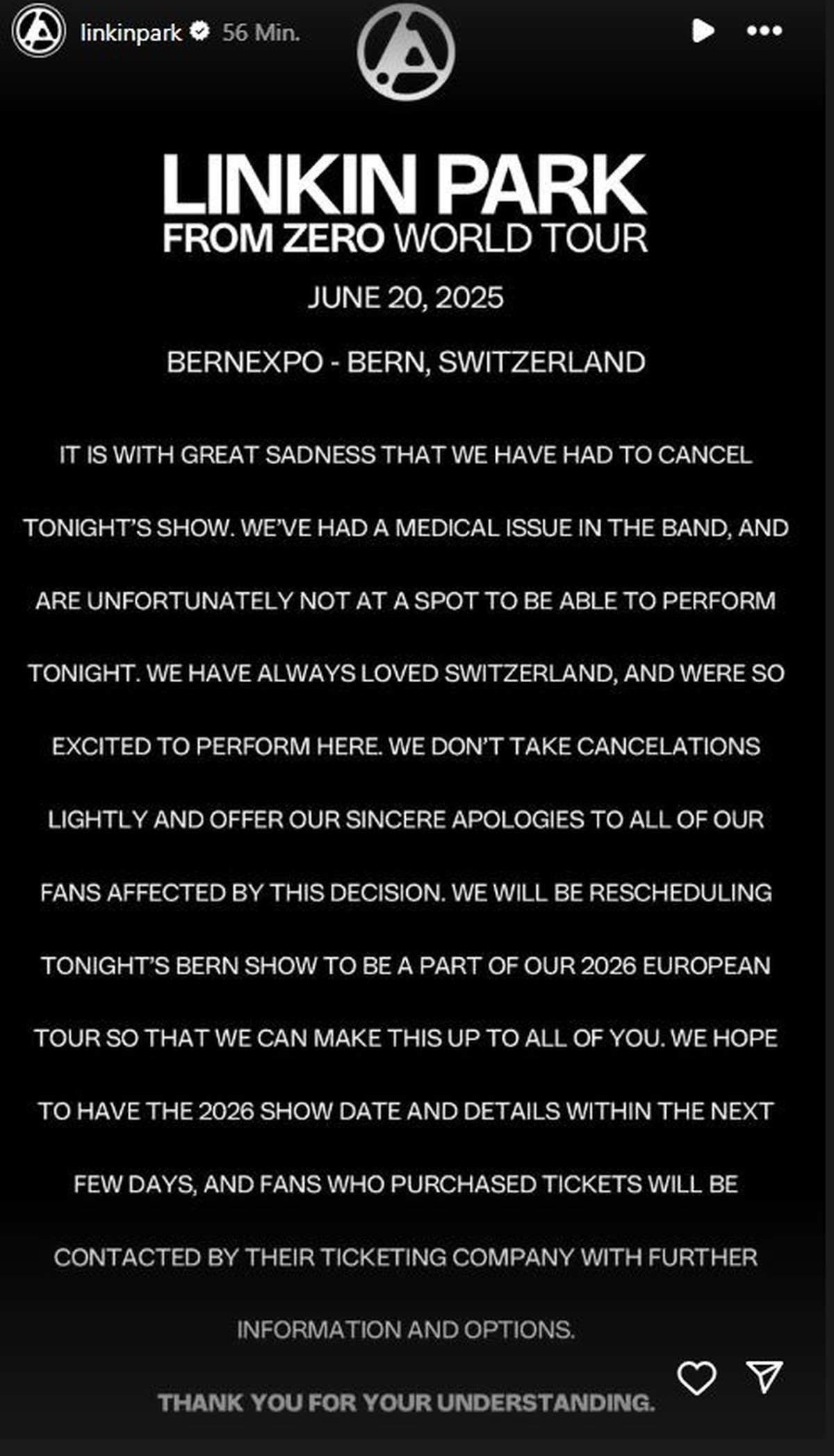 Diese Nachricht veröffentlicht die Band auf ihrem Instagram-Account.