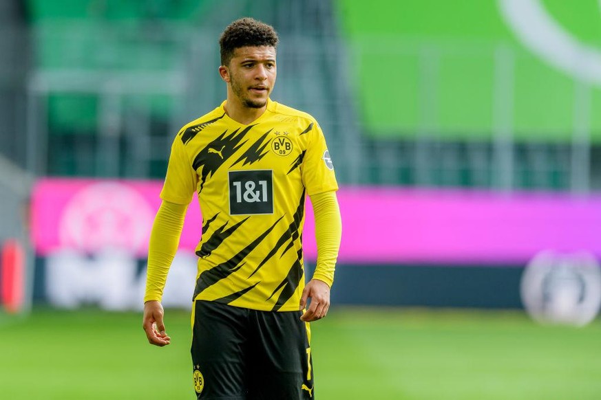 WOLFSBURG, GERMANY - APRIL 24: (BILD ZEITUNG OUT) Jadon Sancho of Borussia Dortmund looks on during the Bundesliga match between VfL Wolfsburg and Borussia Dortmund at Volkswagen Arena on April 24, 20 ...