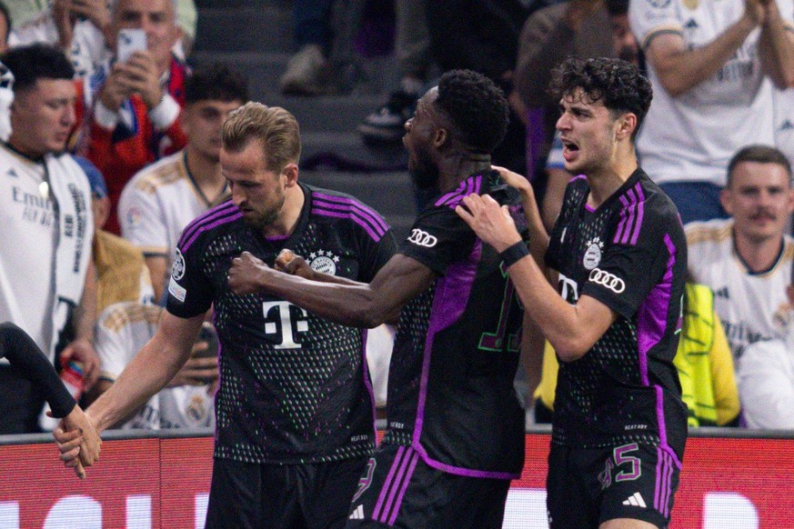 Alphonso Davies of Bayern Munich celebrates scoring a goal for their side to make it 1-0 Real Madrid v Bayern Munich, UEFA Champions League, Semi-Final, Football, Santiago Bernabeu Stadium, Madrid, Sp ...