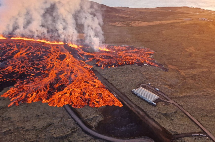 These images show volcanic fissures near the Icelandic town of Grindavik, near the capital, Reykjavik, on Sunday 14January2024. Houses have caught fire in Grindavik after the eruptions of the volcano  ...