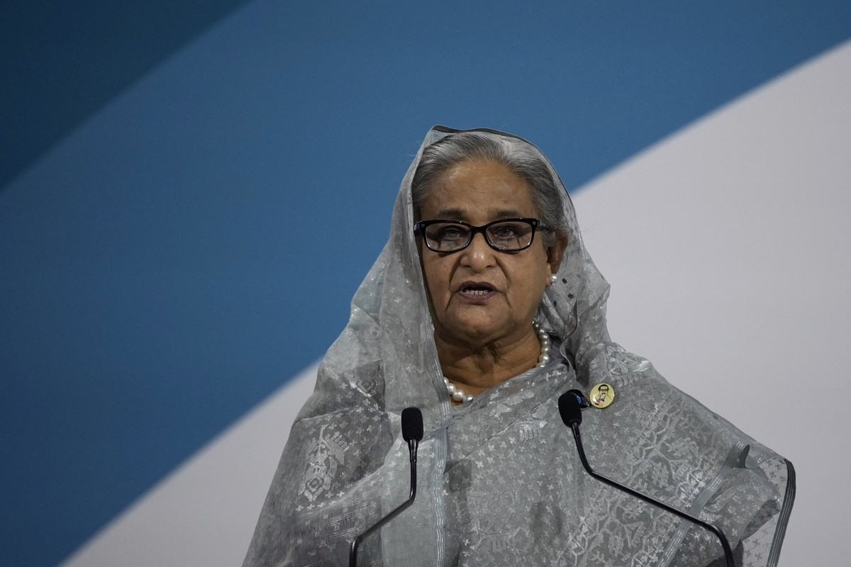 FILE- Prime Minister of Bangladesh Sheikh Hasina delivers a speech during the Paris Peace Forum, in Paris, Thursday, Nov. 11, 2021. Protesters stormed Hasina’s official residence on Monday, Aug. 5, 20 ...