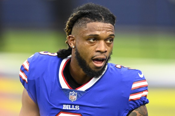 FILE - Buffalo Bills Damar Hamlin with his helmet off before playing the Los Angeles Rams during an NFL football game, Sept. 8, 2021, in Inglewood, Calif. The scenes of Hamlin's on-field collapse afte ...