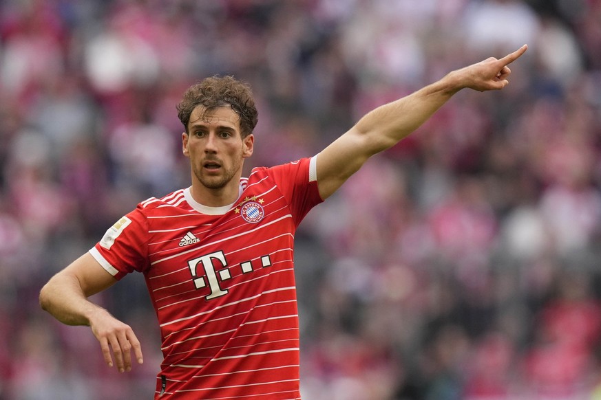 Bayern&#039;s Leon Goretzka gestures during the German Bundesliga soccer match between FC Bayern Munich and Hertha BSC Berlin at the Allianz Arena stadium in Munich, Germany, April 30, 2023. (AP Photo ...