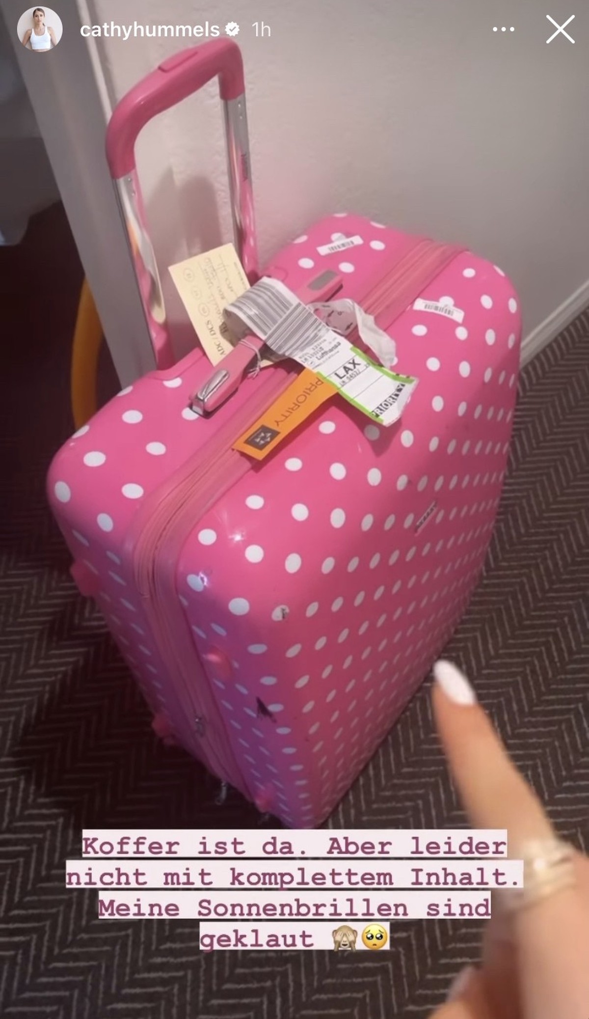Hier wies Cathy darauf hin, dass etwas aus ihrem Koffer fehlte.