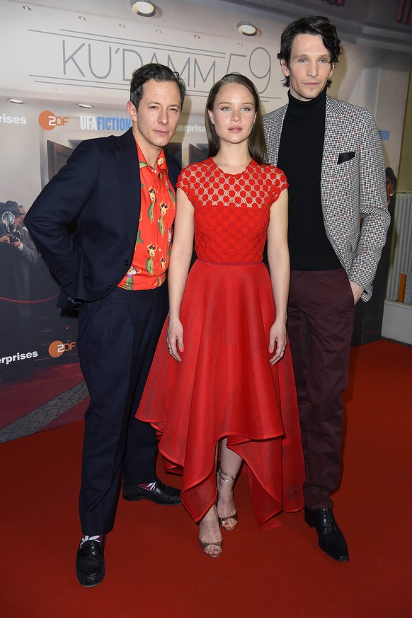 BERLIN, GERMANY - MARCH 07: Trystan Puetter, Sonja Gerhardt and Sabin Tambrea during the premiere of 'Ku'damm 59' at Cinema Paris on March 7, 2018 in Berlin, Germany. (Photo by Tristar Media/WireImage ...