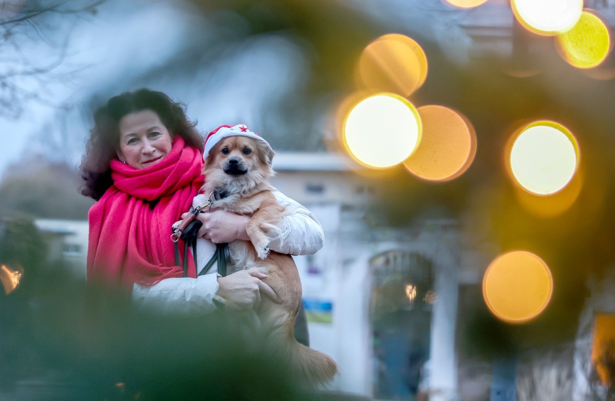 29.11.2022, Sachsen, Taucha: Monika Eckstein-Scheffler steht mit Hund Bobby auf dem Arm an einem beleuchteten Weihnachtsbaum. Da ein normaler Weihnachtsmarkt für Hunde aufgrund des Lärms und der Enge ...