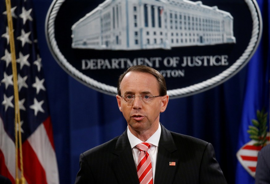 FILE PHOTO: Deputy U.S. Attorney General Rod Rosenstein announces grand jury indictments of 12 Russian intelligence officers in special counsel Robert Mueller&#039;s Russia investigation, during a new ...