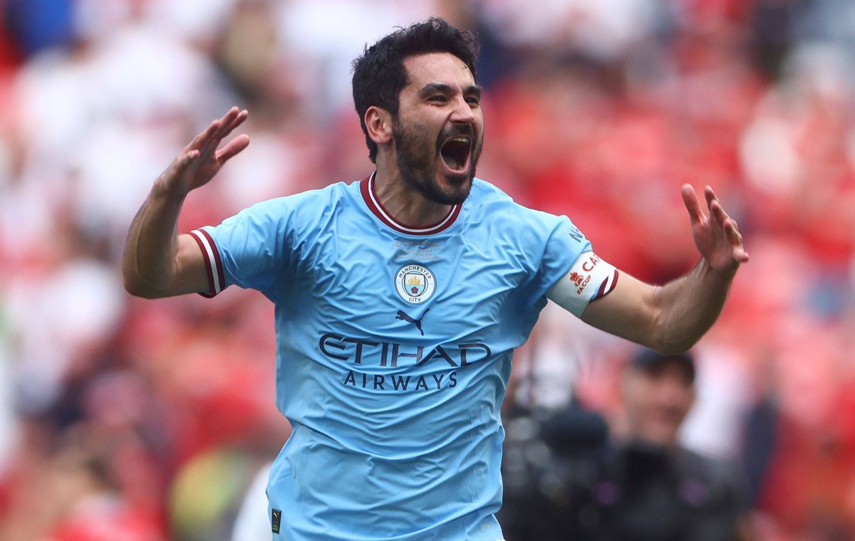 Mandatory Credit: Photo by Kieran McManus/Shutterstock 13944016jl Ilkay Gündogan of Manchester City celebrates at full time Manchester City v Manchester United, ManU Emirates FA Cup, Final, Football,  ...