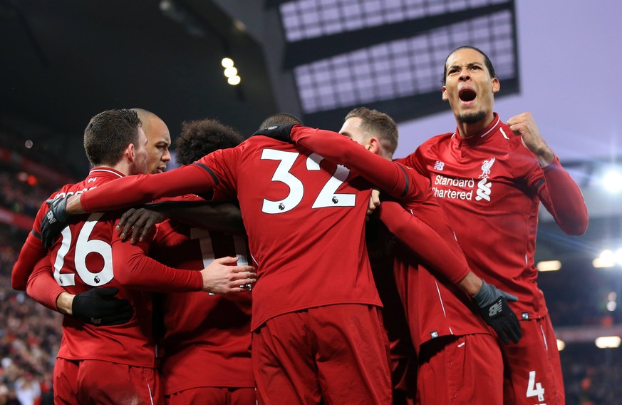 19th January 2019, Anfield, Liverpool, England; EPL Premier League football, Liverpool versus Crystal Palace; the Liverpool players celebrate Roberto Firmino s goal after 53 minutes which made it 2-1  ...
