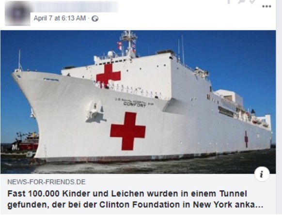 Sanitätsschiff der US-Marine: In der Verschwörungswelt ist es im Hafen von New York für die Kinder, die mit Leichen in einem Tunnel gefunden wurden. Der absurde Artikel ist eine Übersetzung aus einem  ...