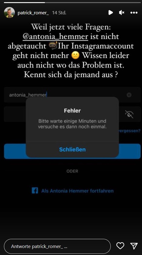Patrick bezieht Stellung zu Antonias Verschwinden auf Instagram.