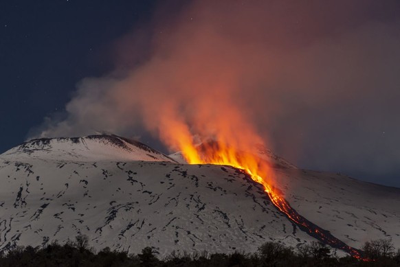 CATANIA, ITALY - FEBRUARY 11: A view of Mount Etna seen from Adrano, Catania, which is producing a new eruption on 11 February 2025. A new eruption of Mount Etna began in the afternoon of 8 February 2 ...