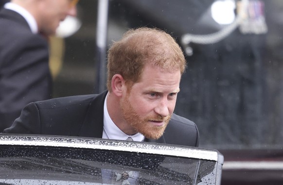 Britain&#039;s Prince Harry leaves after the coronation ceremony of King Charles III and Queen Camilla in central London, Saturday, May 6, 2023. (Phil Harris/Pool Photo via AP)