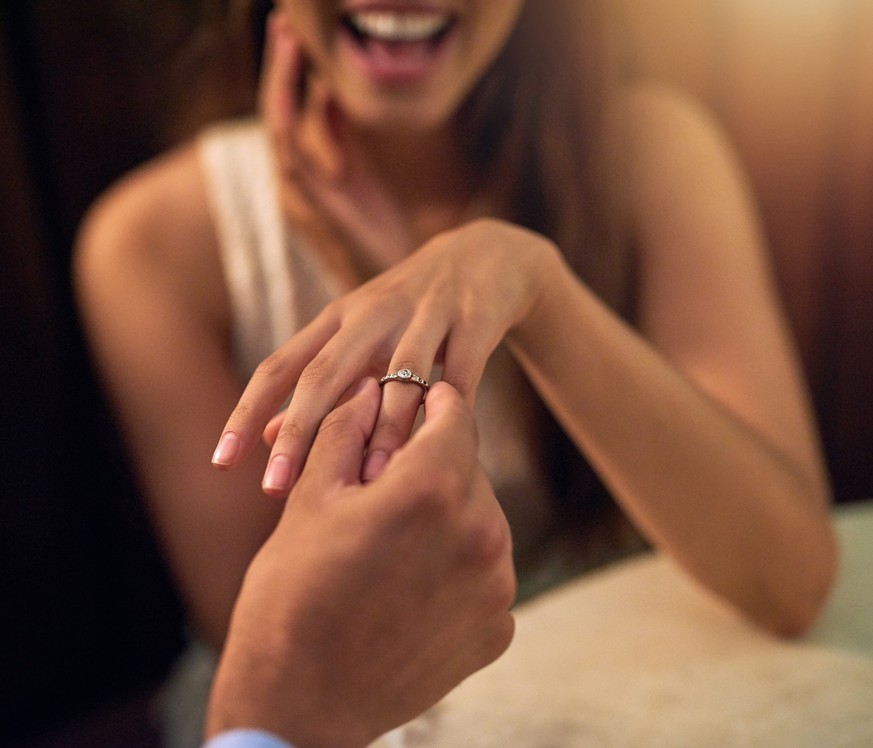 Cropped shot of a woman wearing an engagement after getting proposed to