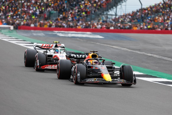 #1 Max Verstappen (NLD, Oracle Red Bull Racing), #47 Mick Schumacher (DEU, Haas F1 Team), F1 Grand Prix of Great Britain at Silverstone Circuit on July 3, 2022 in Silverstone, United Kingdom. (Photo b ...