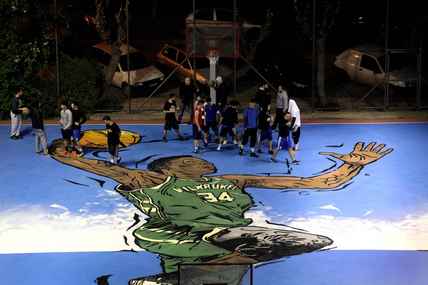 February 17, 2017 - Athens, Attica, Greece - Graffiti of Greek NBA player Giannis Antetokounmpo in Athens, Greece, February 17, 2017. Nike in collaboration with graffiti artist Same84 created an impre ...