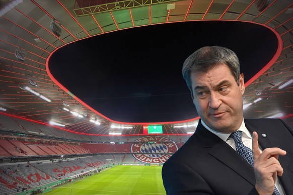 FOTOMONTAGE: Geisterspiel Rueckkehr-Bayern vor leeren Raengen.Markus SOEDER Ministerpraesident Bayern und CSU Vorsitzender verkuendet die Rueckkehr von Geisterspielen, ArchivfotoUebersicht,Stadionuebe ...