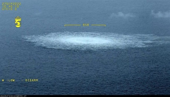 In this picture provided by Swedish Coast Guard, the gas leak in the Baltic Sea from Nord Stream photographed from the Coast Guard&#039;s aircraft on Wednesday, Sept. 27, 2022. A fourth leak on the No ...