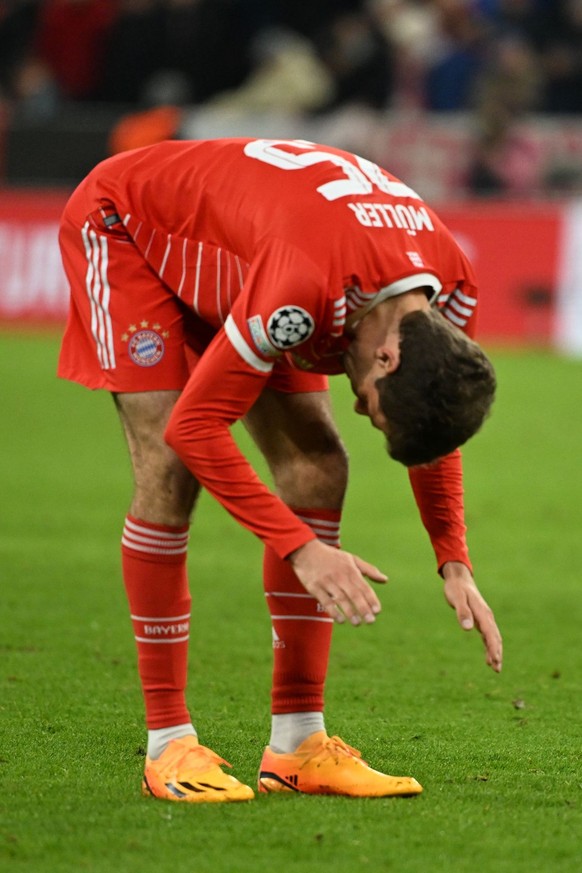 19.04.2023, Bayern, M�nchen: Fu�ball: Champions League, Bayern M�nchen - Manchester City, K.o.-Runde, Viertelfinale, R�ckspiele in der Allianz Arena, M�nchens Thomas M�ller reagiert. Foto: Sven Hoppe/ ...