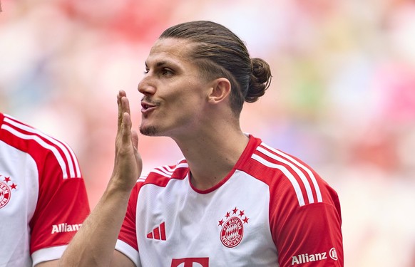 Marcel Sabitzer, FCB 18 at the Team Presentation an Legends match at FC BAYERN MÜNCHEN 1.German Football League on July 23, 2023 in Munich, Germany. Season 2023/2024, 1.Bundesliga, Muenchen, FCB,