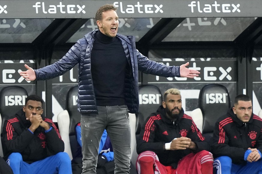 Bayern&#039;s head coach Julian Nagelsmann reacts during the German Bundesliga soccer match between Borussia Moenchengladbach and Bayern Munich at the Borussia Park in Moenchengladbach, Germany, Satur ...