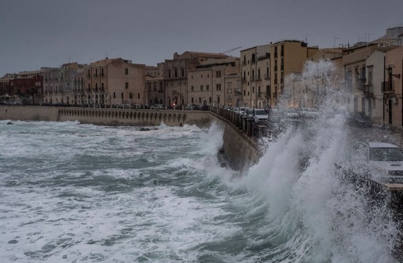 SYRACUSE, ITALY - OCTOBER 28: Huge waves hit the quayside of the peninsula of Ortygia hours before the Medicane hits land on October 28, 2021 in Syracuse, Italy. Italian authorities issued a red alert ...