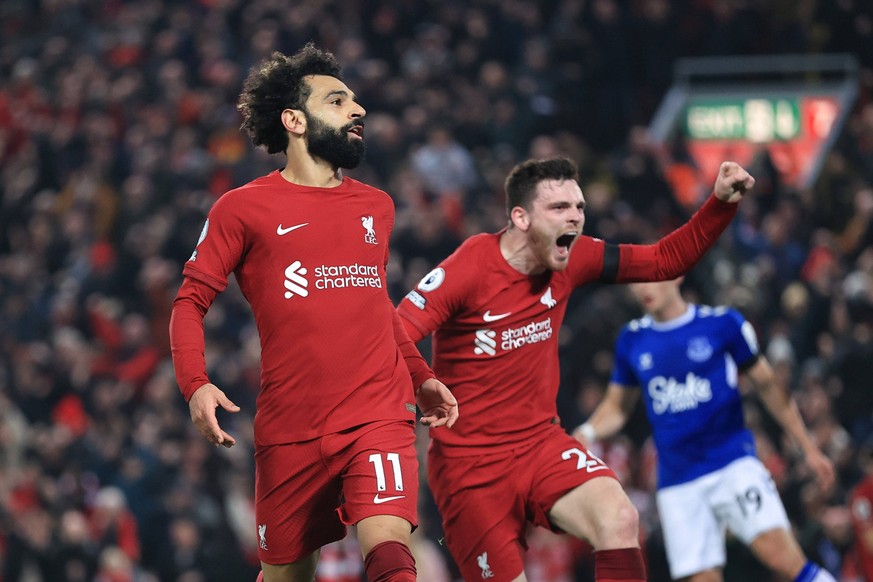 Football - Premier League - Liverpool v Everton 13th February 2023 - Premier League - Liverpool v Everton - Mohamed Salah of Liverpool and Andy Robertson of Liverpool celebrate their first goal - Phot ...