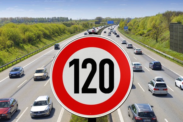 Autobahn und Schild mit Tempolimit 120 km/h, Fotomontage *** Motorway and sign with speed limit 120 km h Photomontage