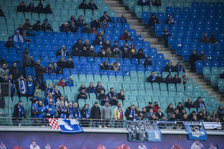 25.02.2019, xkvx, Fussball 1.Bundesliga, RB Leipzig - TSG 1899 Hoffenheim emspor, v.l. TSG 1899 Hoffenheim Fans (DFL/DFB REGULATIONS PROHIBIT ANY USE OF PHOTOGRAPHS as IMAGE SEQUENCES and/or QUASI-VID ...