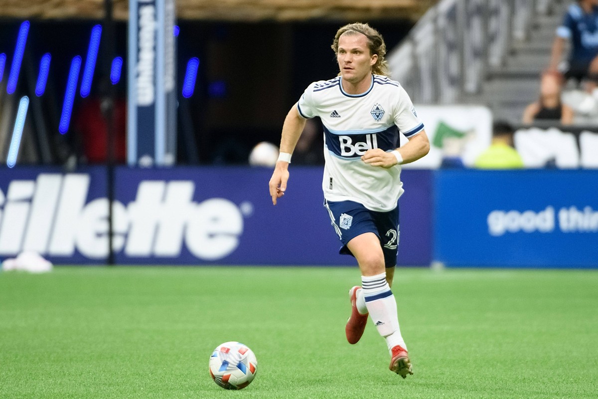 MLS, Fussball Herren, USA Real Salt Lake at Vancouver Whitecaps FC, Aug 29, 2021 Vancouver, British Columbia, CAN Vancouver Whitecaps FC defender Florian Jungwirth 26 dribbles the ball against the Rea ...