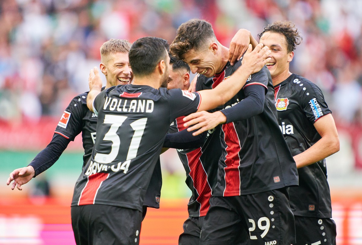 Kevin VOLLAND, LEV 31 celebrates his goal, happy, laugh, celebration, 0-2 goal, Nadiem AMIRI, Lev 7 Mitchell WEISER, Lev 23 Kai HAVERTZ, LEV 29 Julian BAUMGARTLINGER, Lev 15 Cheering, joy, emotions, c ...