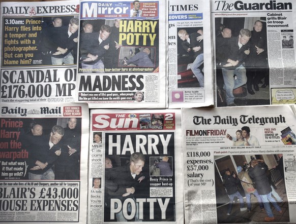 FILE - A montage of the front pages of Britain's national newspapers on Oct. 22, 2004, where photos of Prince Harry's altercation with a photographer outside a central London night spot, in the early  ...