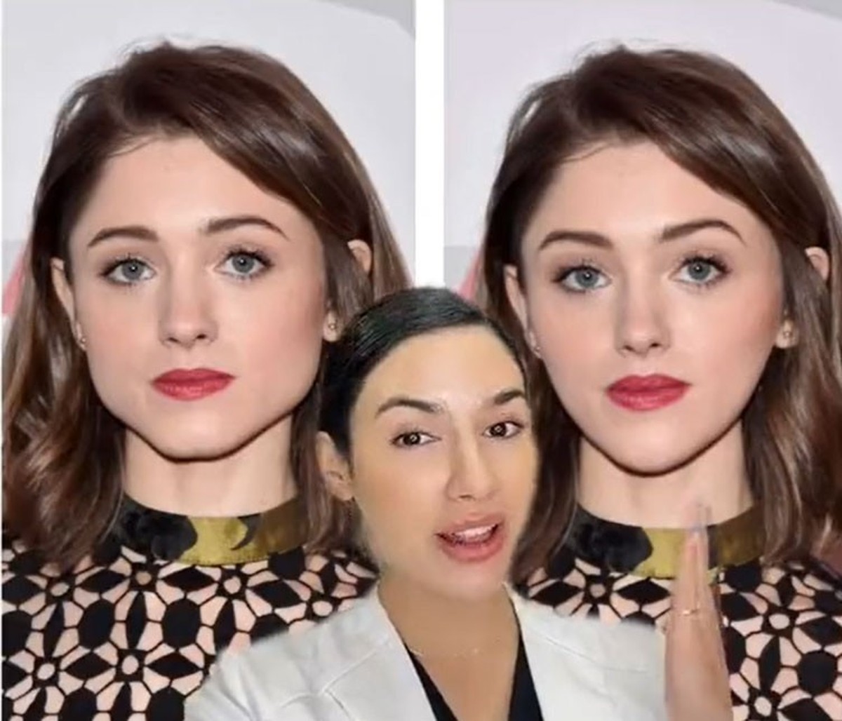 Miranda Wilson zeigt Natalia Dyers Gesicht in einem potentiellen Vorher-nachher-Vergleich.