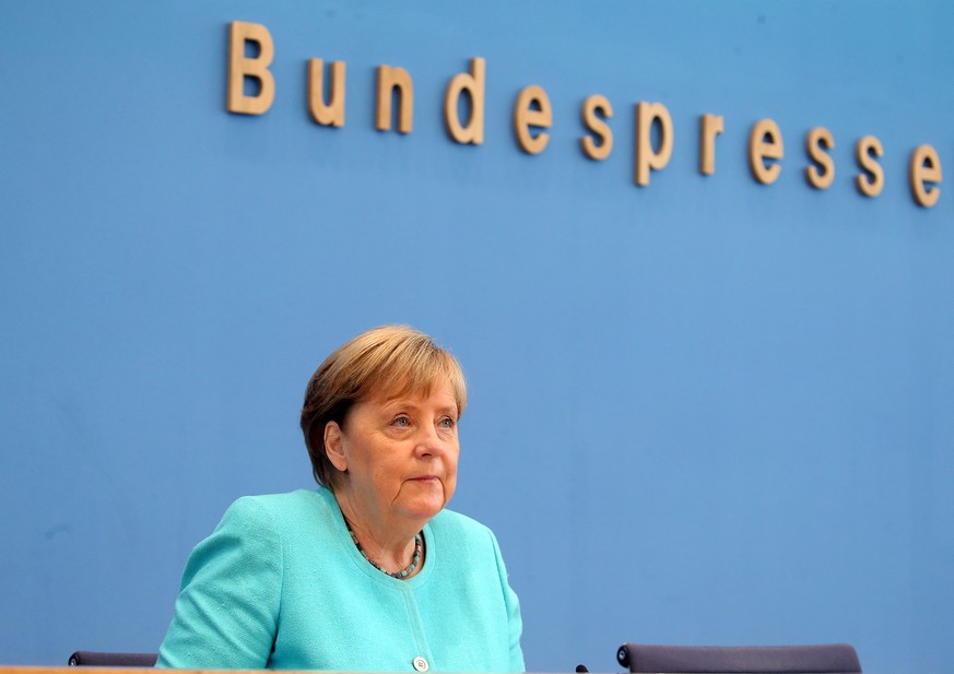 22.07.2021, Berlin: Bundeskanzlerin Angela Merkel (CDU) sitzt in der Bundespressekonferenz und stellt sich den Fragen der Hauptstadt-Journalisten. Es ist voraussichtlich ihr letzter Auftritt dieser Ar ...