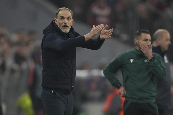 Bayern&#039;s head coach Thomas Tuchel reacts during the Champions League quarter final second leg soccer match between Bayern Munich and Manchester City, at the Allianz Arena stadium in Munich, Germa ...